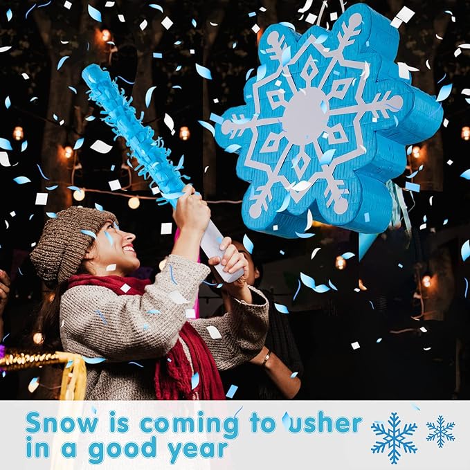 Lewtemi 13.9 x 12.2 Inch Blue Snowflake Piñata Winter Piñata Froze Piñata Birthday Party Supplies with Blindfold Bat Round Tissue Paper for Winter Theme Party Holidays Baby Shower Christmas Decors