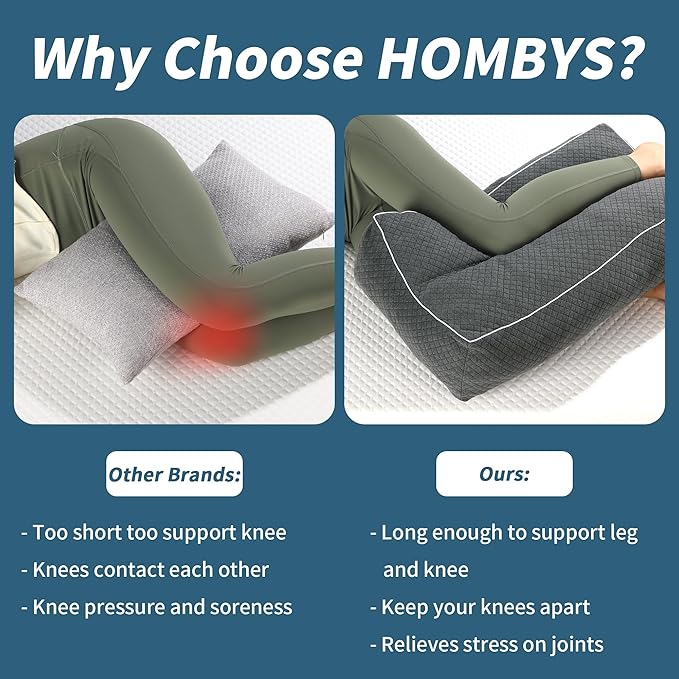 HOMBYS Shredded Memory Foam Knee Pillow for Side Sleepers, 5.5" Height Pillow Between Legs for Aligns Spine & Relieves Pressure Hip & Leg Elevation, Supportive Pillow for Pregnancy, Sciatica, Grey