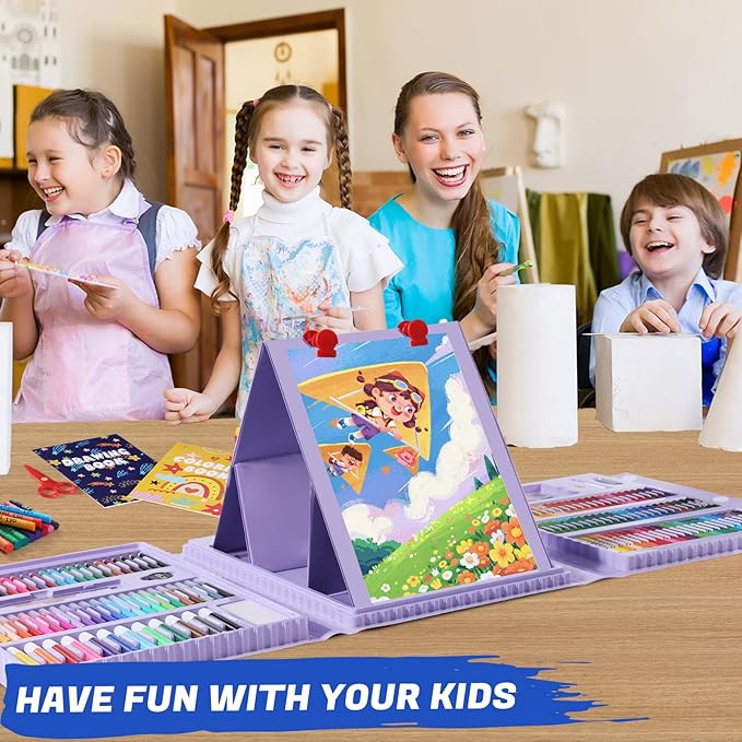 All in One Art Supplies, Art Kit Includes Easel, Origami Paper, Colored Pencils, Crayons, Drawing Book, Coloring Book, Watercolor Pens, Markers and Oil Pastels, Gifts for Girls Boys Teens, Purple