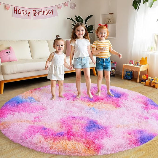 Xexsin Round Fluffy Rugs 6Ft for Girls Bedroom, Dark Rainbow Shag Circle Kids Rug Non-Slip for Bedside Dorm Nursery Playroom, Soft Cute Area Rugs for Living Room Decor