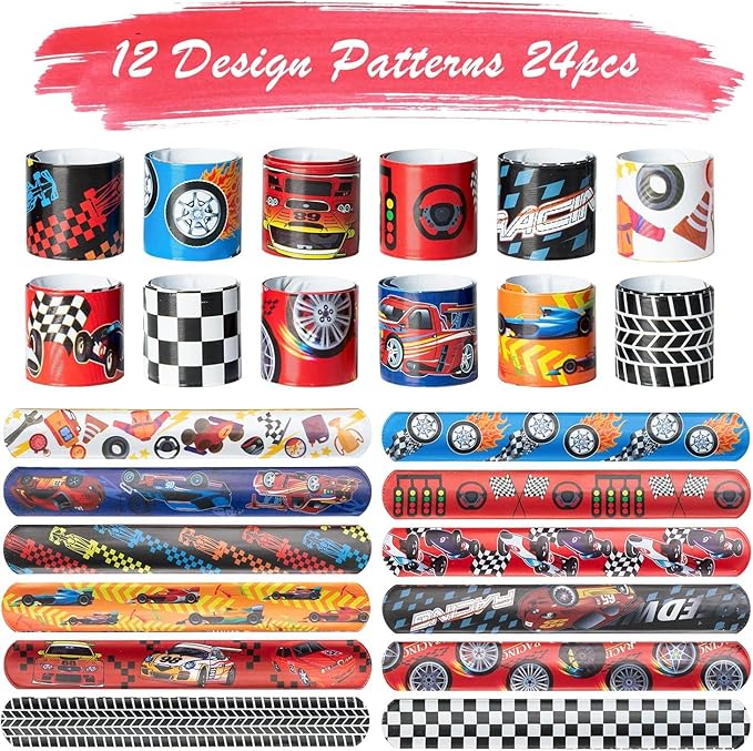Haooryx 74PCS Racing Car Slap Bracelets 50PCS Race Car Stickers Party Favors Racing and Speed Themed Wristband Checkered Flags Slap Bracelets for Kids Car Birthday Party Classroom Rewards Supplies