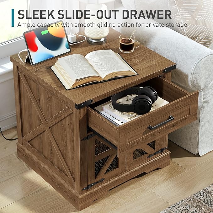 Walnut Farmhouse End Table with Charging Station, 24" Large Sofa Side Table with Drawer, Large End Table for Living Room, Wooden Nightstand with Outlet, Square, Walnut