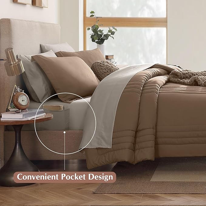 Monbix Queen Comforter Set - 7 Pieces Raw Umber Bed in a Bag Queen Bedding Sets with Comforters, All Seasons Comforter Bed Set with Sheets, Pillowcases & Shams