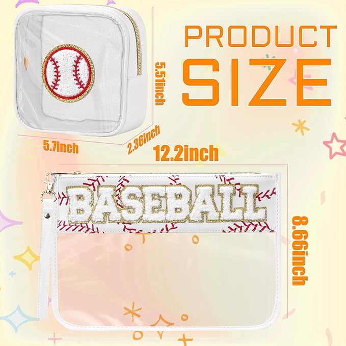 BuyCard 2 Pcs Baseball Gifts Cosmetic Makeup Bag with Chenille Letter Patch, Clear Pouch PVC Organizer Purse, Waterproof Travel Bag, Portable Toiletry Storage Bag for Her Girls Friends Women