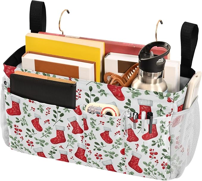 Red Stockings Holly Christmas Bedside Caddy for Dorm Bed Bedside Hanging Caddy Bag Iron Frame Storage Organizer Pocket for Bunk Home College Hospital Beds 2 Hooks