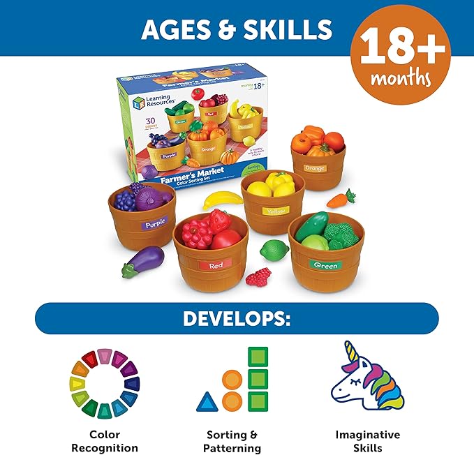 Learning Resources Farmer’s Market Color Sorting Set - 30 Pieces Age 18+ Months Toddler Learning Toys, Sorting Toys for Kids, Play Food,Easter Basket Stuffers