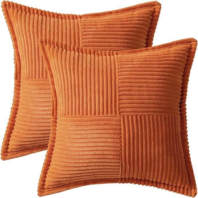 MIULEE Orange Fall Corduroy Decorative Euro Sham Pillow Covers 24x24 Inch with Splicing Set of 2 Soft Boho Pillow Covers Broadside Textured Summer Pillowcases for Couch Bed Livingroom
