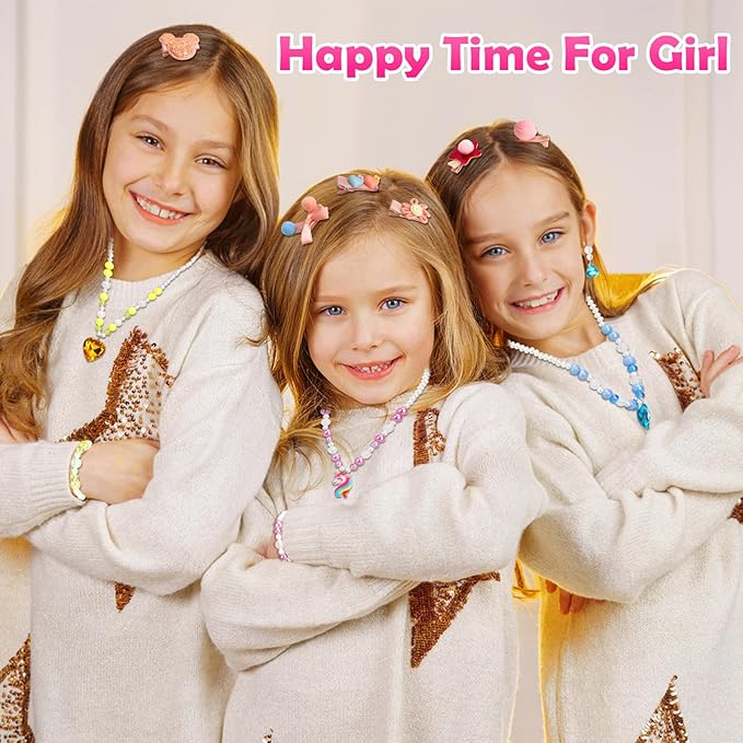 Kids Jewelry Toys for Girls Age 3 4 5 6 7 8 9 10, Toddler Dress Up Toy, Pretend Play Jewelry Set, Princess Jewelry with Hair Clips, Hair Ties, Toddler Girl Toys, Christmas Birthday Gifts for Girls