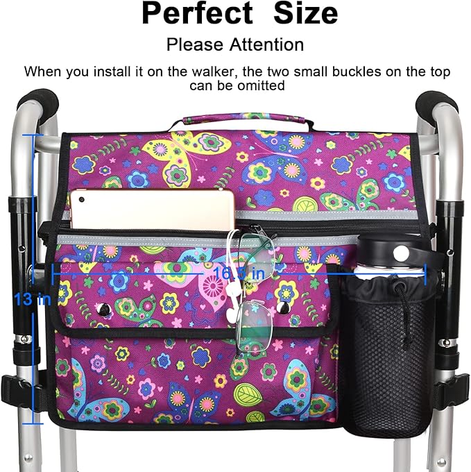 Wheelchair Storage Bag, Double-Sided Armrest Pouch with Cup Holder and Reflective Strip, for Wheelchairs and Walkers (Purple Butterfly)