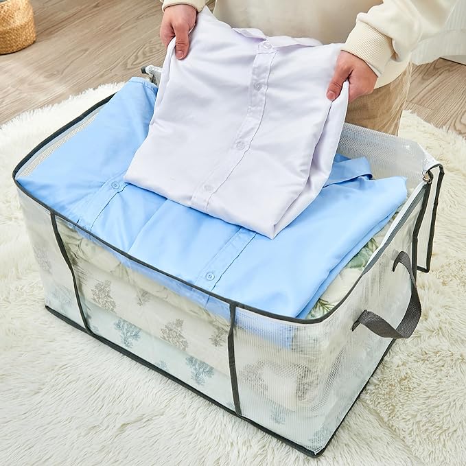 80L Clear Large Storage Bag, Clothes Storage Containers for Organizing Closet, Bedroom, Underbed, Comforters, Clothing, Blankets, Pillow, Foldable Organizer with Sturdy Handle and Zippers (8)