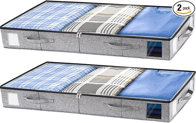 combocube 2 Pack Under Bed Storage Containers, 4.5" Low Profile Underbed Storage Bins with Sturdy Support, Stackable Space Saving Organizer with 4 Handles & Label Windows for Shoes Clothes Blankets