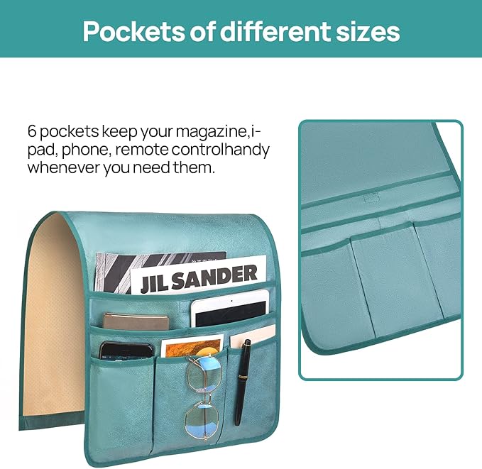 Teniux Remote Control Holder Faux Leather Armrest Organizer with 6 Pockets for Recliner Couch Sofa, Armchair Caddy for Smart Phone, Book, Magazines, Ipad, Remotes (Teal)