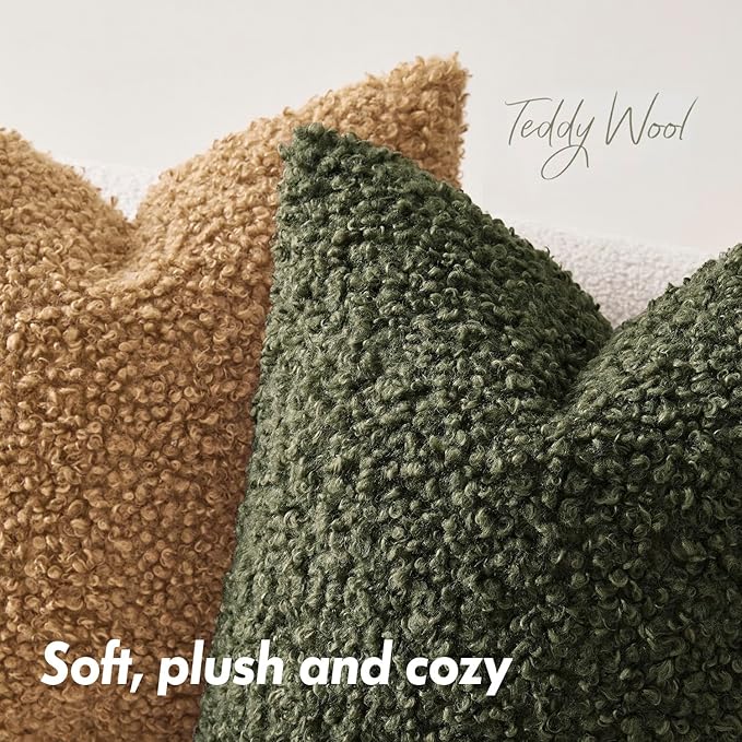 Woaboy Faux Fur Throw Pillow Covers 18x18 Inch Set of 2 Boucle Neutral Decorative Sherpa Fuzzy Accent Soft Sheepskin Fleece Cushions Modern Home Decor for Couch Sofa Bedroom Living Room,Olive Green
