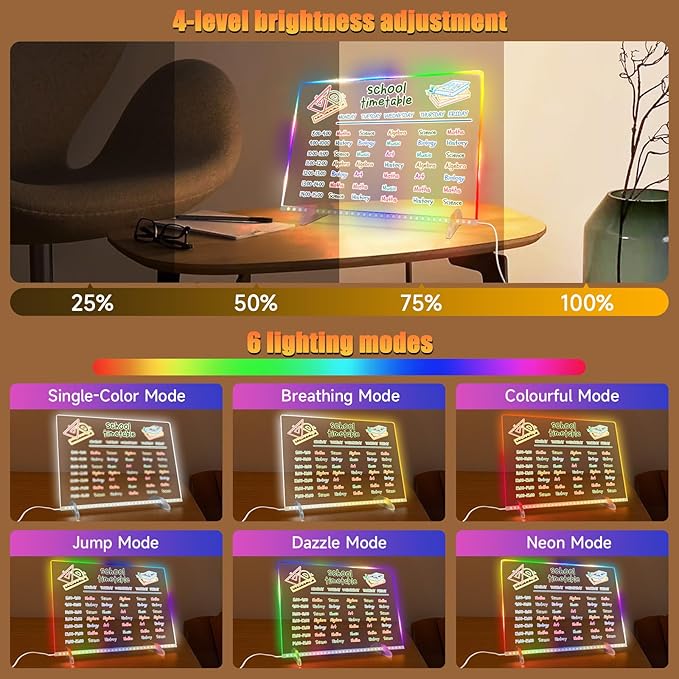 LED Note Board with Colors-Light Up Acrylic Dry Erase Board with 6 Modes & 8 Colors,13.7"X10" Include 7 Markers, Hanging Chain, Battery Case, Led Writing Board with Battery Pack for Home/Office/Decor