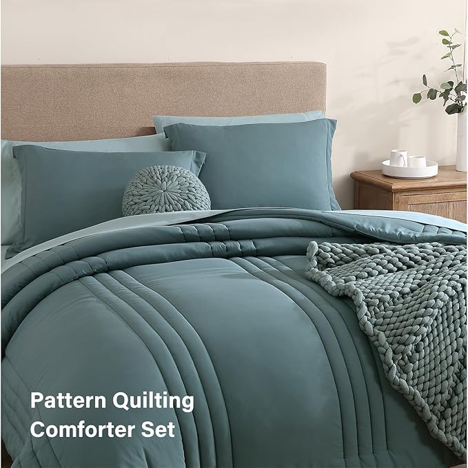 Monbix Oversized King Size Comforter Set - 7 Pieces Blue Green Bed in a Bag Oversized King Bedding Sets with Comforters, All Seasons Comforter Bed Set with Sheets, Pillowcases & Shams