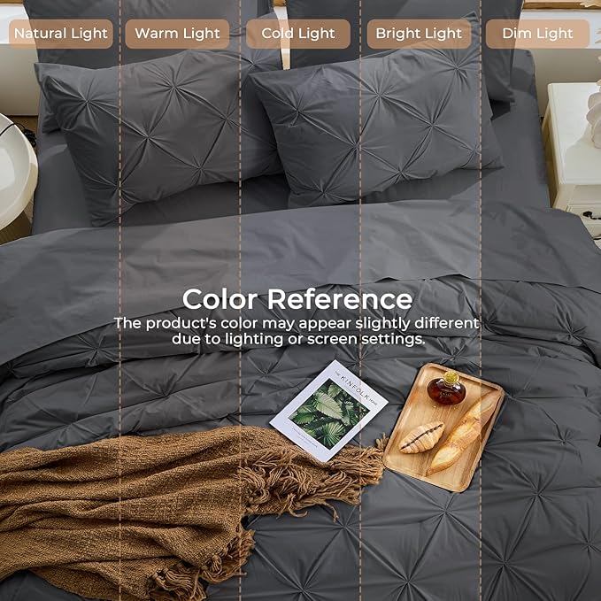 Sasttie King Size Comforter Set, 7-Piece Bed in a Bag, Pintuck Bedding Sets for All Season, Includes Comforter, Flat Sheet, Fitted Sheet, Pillowcases and Pillowshams, Dark Grey