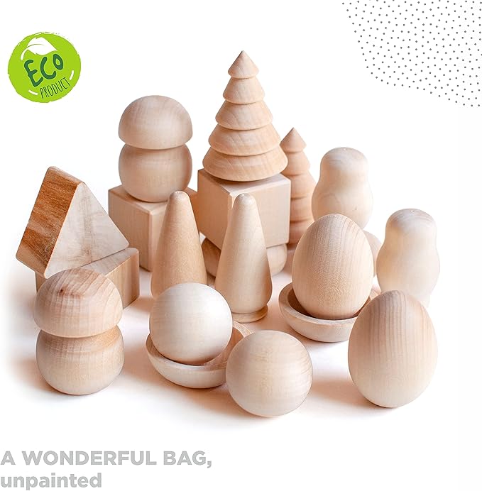 Ulanik Wonderful Bag Toddler Montessori Toys for 3 Year Old + Unfinished Wooden Figurines for Shape Sorting & DIY Painting Pyrography Decoupage Crafts — 20 pcs