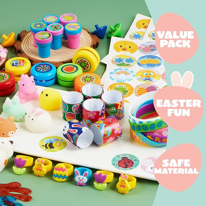 JOYIN 72Pcs Easter Party Favors Set, Sticky Hands, Stampers, Bracelets, Keychains, Rings, Sticker for Easter Basket Stuffers, Easter Goodie Bag Fillers, Classroom Prize Supplies, Easter Egg Toy