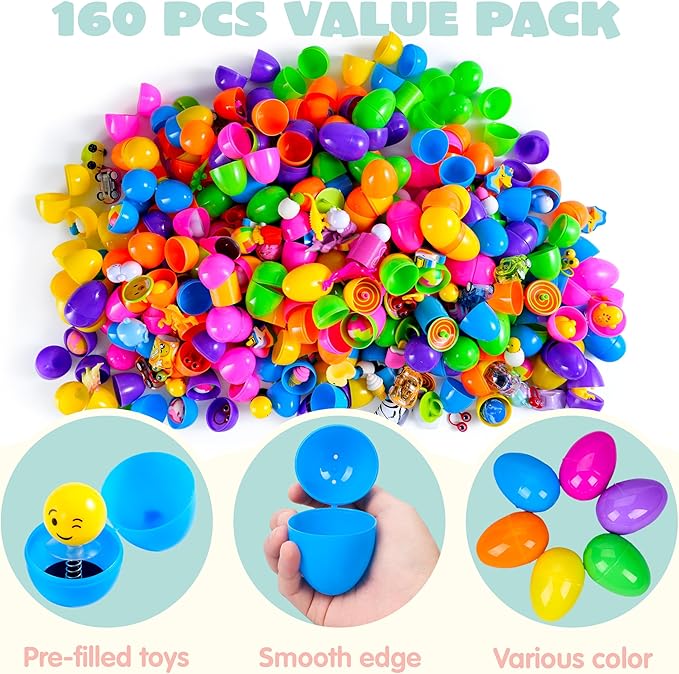 JOYIN 160 PCS Prefilled Easter Eggs with Assorted Toys, Stuffed Egg Hunt Supplies, Basket Stuffers Fillers, Classroom Prizes, Party Favors
