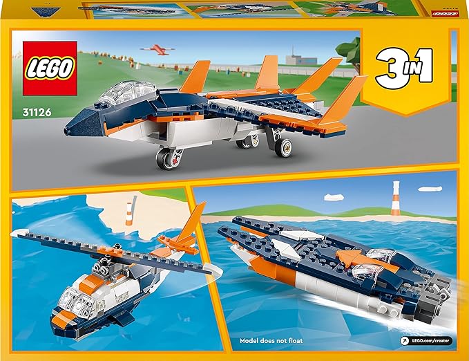 LEGO® Creator 3in1 Supersonic Jet 31126 Building Kit; Build a Jet Plane and Rebuild It into a Helicopter or a Speed Boat Toy
