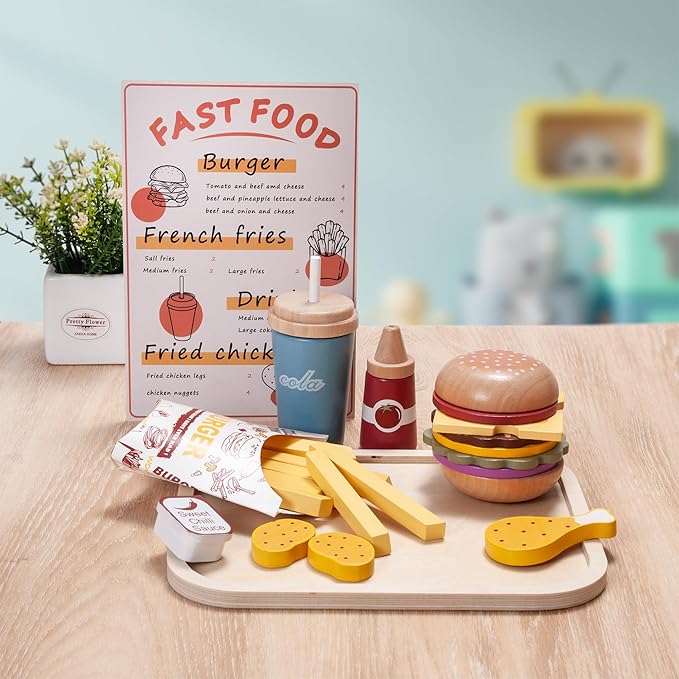 25pcs Wooden Fast Food Set Play Kitchen Accessories, Toddler Pretend Play Toy Food Hamburger Stacking Toy Playset with Fries, Kids Play Food Toy Kitchen Set Boys and Girls Birthday Gift