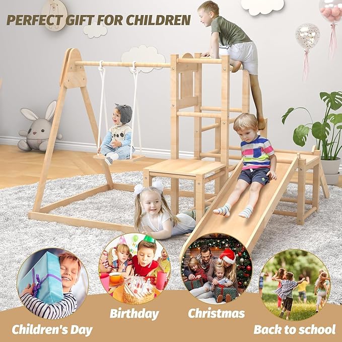 Indoor Playground, Jungle Gym, Wooden Montessori Climber Playset With Slide, Swing for Toddlers, Toddler Climbing Toys Indoor, Special Wooden Structure Indoor Playset, Baby Climbing Toys Indoor