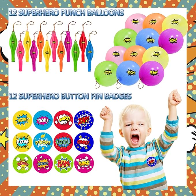 122 Pcs Superhero Party Favors with Slap Bracelets,Punch Balloons,Superhero Stickers,Button Pin Badges,Notepads,Pen,Finger Lights for Superhero Themed Goody Bag Stuffer Class Prize