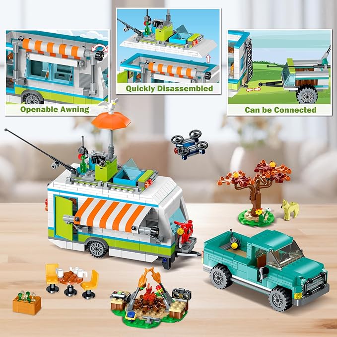 HOGOKIDS City Camper Van Building Set with LED Light - 3-IN-1 Holiday RV Camping Building Toy for Kids 879PCS with Tent BBQ Grill Vehicles Friends Creative Adventure Gift for Boys Girls 6-12 Years Old