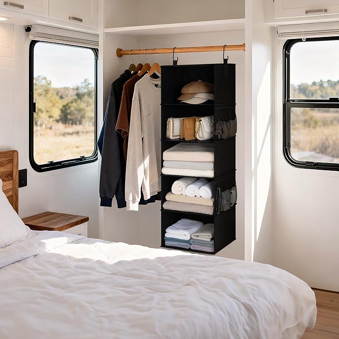 StorageWorks 5-Shelf Hanging Closet Organizers, Foldable Closet Storage Organizer with 2 Side Pockets, Portable Hanging Shelves for Clothes, Sweater, Towels, 12 1⁄2" D x 15" W x 48" H, Black