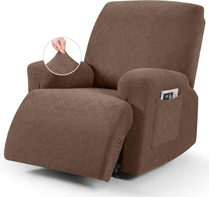 VANSOFY Oversized Recliner Chair Cover, 4-Pieces Stretch Recliner Covers for Recliner Chair Soft Reclining Chair Slipcover Jacquard Pattern Furniture Protector for Dogs Cats(Light Coffee)
