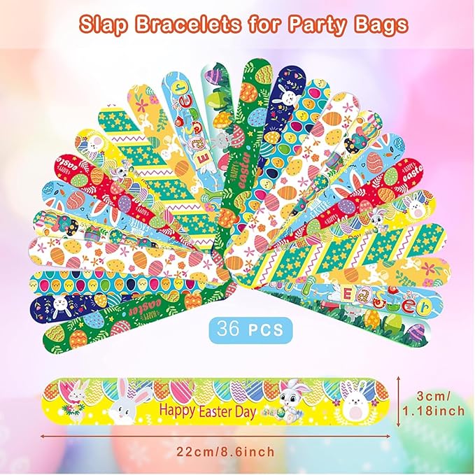 48Pcs Easter Party Favors Silicone Bracelets Slap Bracelets Assorted for Kids Girls Boys Toddlers Easter Egg School Classroom Exchange Prizes Gifts