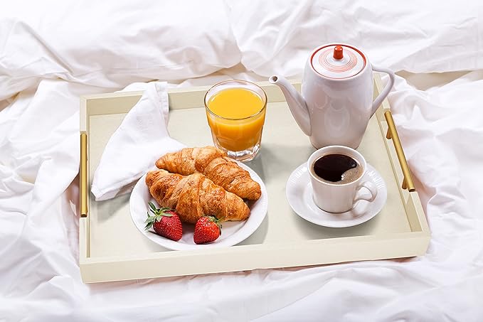 ATZYmolin 17" x 12" Wood Serving Tray with Gold Polished Metal Handles, Home Decorative Wooden Rectangle Ottoman Leather Decor Platter Bathroom Vanity Tray for All Occasions White