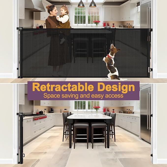 42" Tall X 80" Wide Retractable Baby Gates for Large Openings Extra Tall Dog Gates for Doorway Tall Retractable Pet Gate Tall Mesh Gates for Kids Long Dog Gate for Indoor/Outdoor (Black)