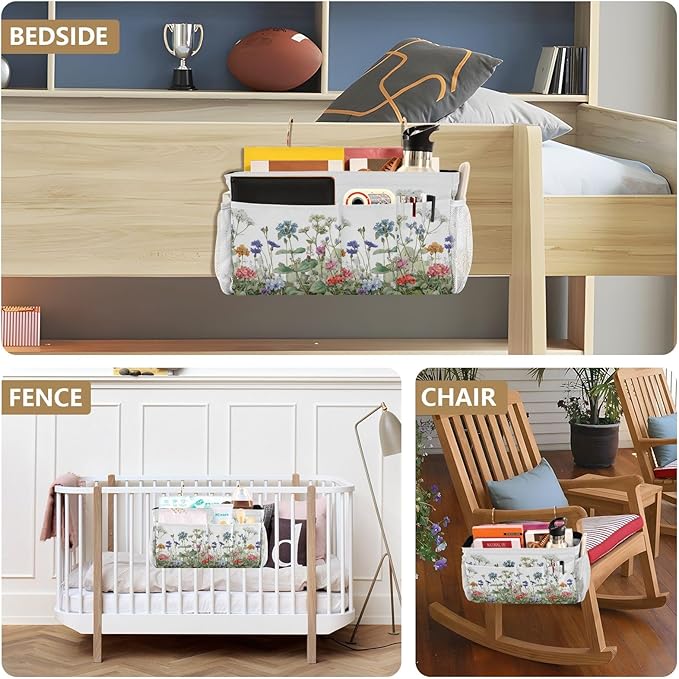 Wildflower Bloom Blue Bedside Caddy for Dorm Bed Bedside Hanging Caddy Bag Iron Frame Storage Organizer Pocket for Bunk Home College Hospital Beds 2 Hooks