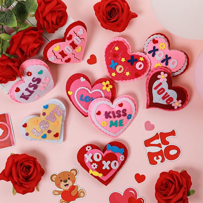 16 Sets Valentine's Day DIY Stuffed Craft Kit Heart Sewing Kit Valentines Day DIY Sewing Set for Beginners Heart Educational Gift Set for Boys and Girls Valentines Felt Ornaments Decoration for kids