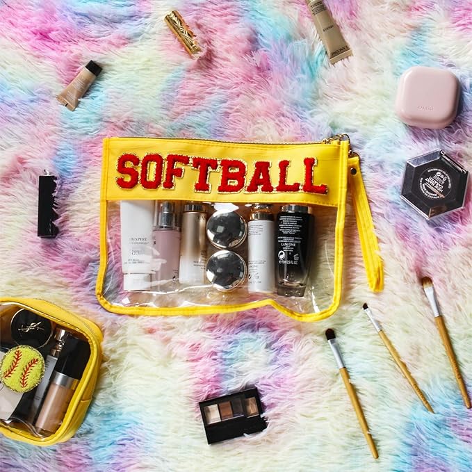 BuyCard 2 Pcs Softball Gifts Makeup Bag with Chenille Letter Patch, Clear Cosmetic Pouch PVC Organizer Purse, Waterproof Travel Bag, Portable Toiletry Storage Bag for Her Girls Friends Women