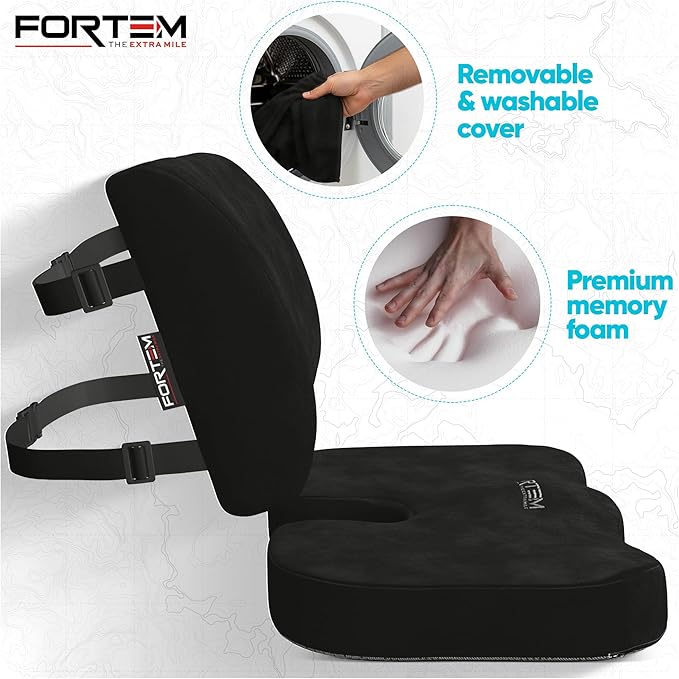 FORTEM Seat Cushion, Office Chair Cushion, Lumbar Support Pillow for Office Chair, Memory Foam Sciatica Coccyx Tailbone Pressure Pain Relief, Car Sitting Pad, Washable Non Slip