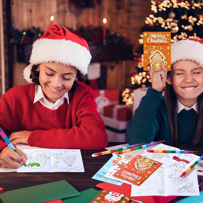Funrous 24 Pcs Christmas Coloring Book for Kids Bulk with 24 Crayons, Christmas Activity Books with Marker Xmas Stocking Goodie Bag Stuffers for Holiday Students Classroom Gifts Party Favors (Lovely)
