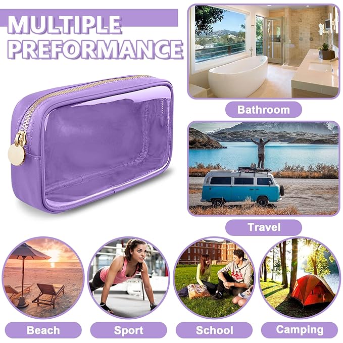 Clear Small Makeup Bag with Zipper, Nylon&PVC Cosmetic Travel Bag Preppy TSA Approved Toiletry Bag for Women Girls, Transparent Waterproof Makeup Pouches Cute Travel Bag for Purse(Small-Purple)