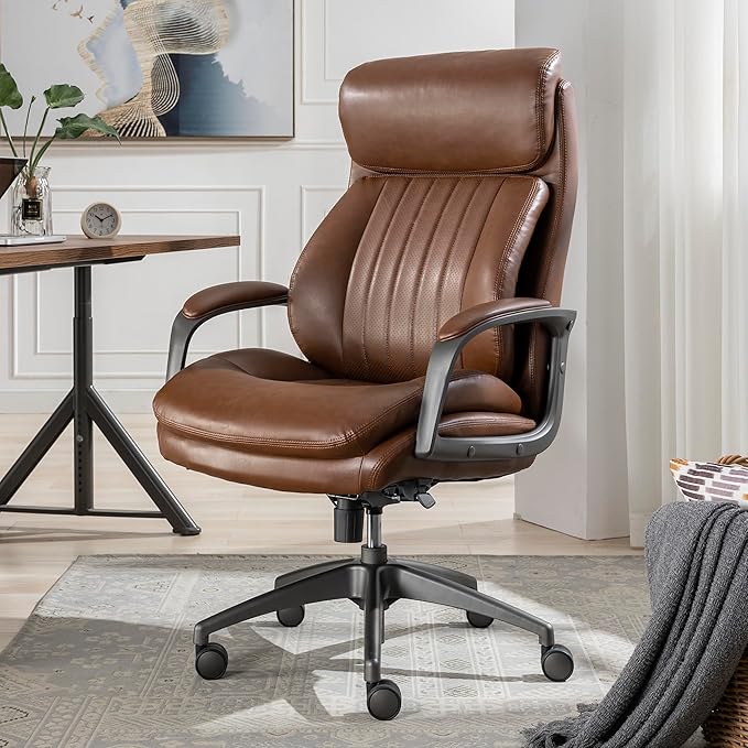 La-Z-Boy Nova Vegan Leather Modern Executive Ergonomic Design Office Chair, Memory Foam Thick Contoured Seat Back with Patented Lumbar Support Technology, Soft to Medium Sit Comfort, Cognac