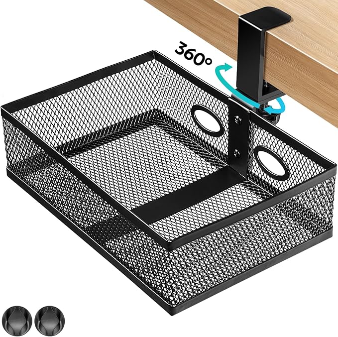 Under Desk Drawer Organizer Clamp On - 360° Swivel Metal Mesh Storage Basket, Hidden Rotating Desktop Tray for Standing Desk, Office Supplies & Gaming (No Drill, Black)