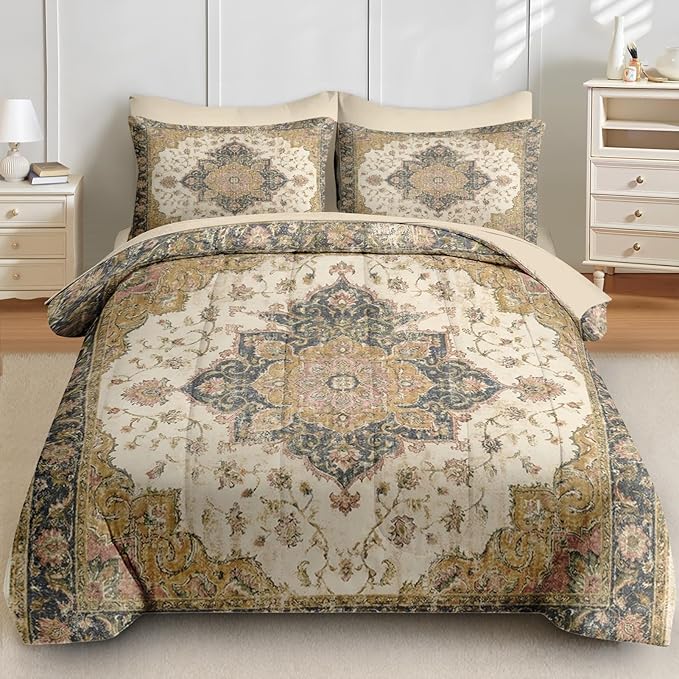 Comforter Set Queen Size, Vintage Medallion 7 Pcs Bedding for Kids and Adults, Floral Distressed Bed Sheet Sets with Fitted Sheet 2 Pillowcases & 2 Shams for Bedroom Bed Decor
