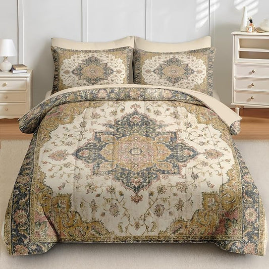 Comforter Set Full Size, Vintage Medallion 7 Pcs Bedding for Kids and Adults, Floral Distressed Bed Sheet Sets with Fitted Sheet 2 Pillowcases & 2 Shams for Bedroom Bed Decor