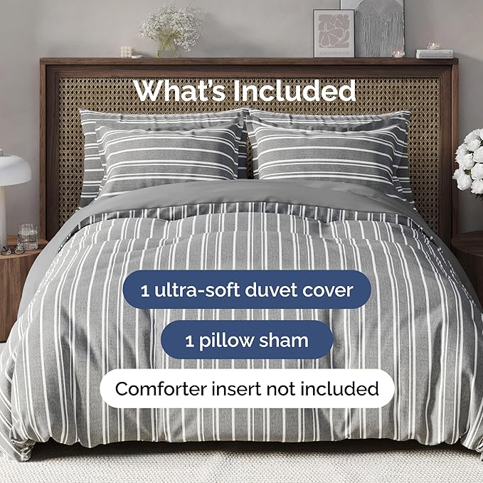 Duvet Cover Twin/Twin XL Size Set - Extra Soft Duvet Cover 68 x 90 with 1 Pillow Sham - Hotel Luxury, Easy Care and Fade Free w/ Zipper Closures & Ties - Comfy, Breathable Bedding Set (Grey Stripes 3)
