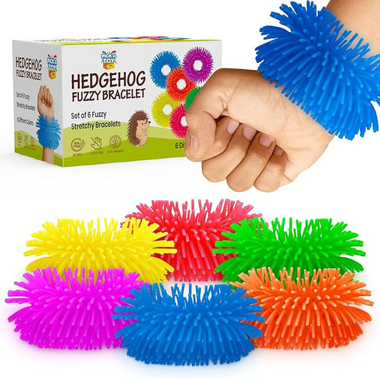 Fidget Bracelet Vibrant Squishy Fuzzy Toy 6-Pack of Flexible Wearable Jewelry, Sensory Rings Toys for Kids - Stretchy Silicone Bands with Textured