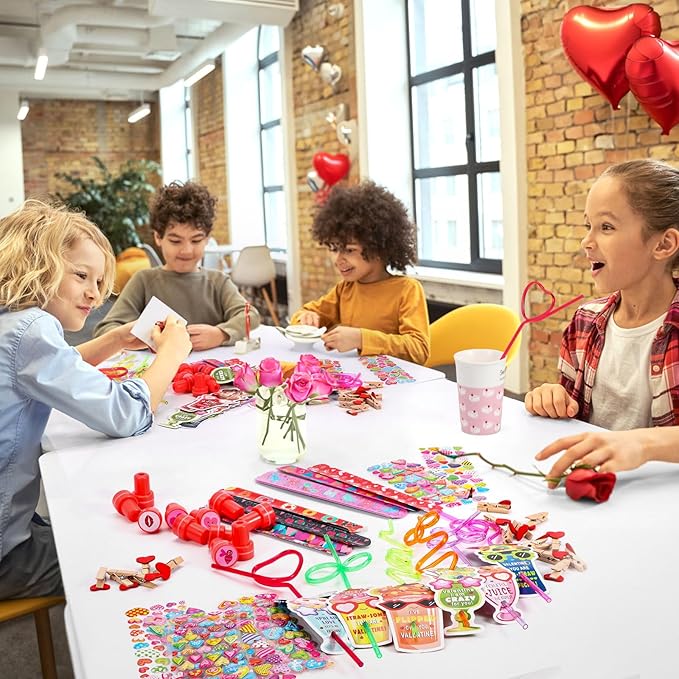 Atonofun 168 Pcs Valentines Day Gifts for Kids, Valentines Day Cards Crazy Straws Bulk Stickers Stampers Slap Bracelets Classroom Prize School Exchange Boys Girls Valentine's Day Party Favors