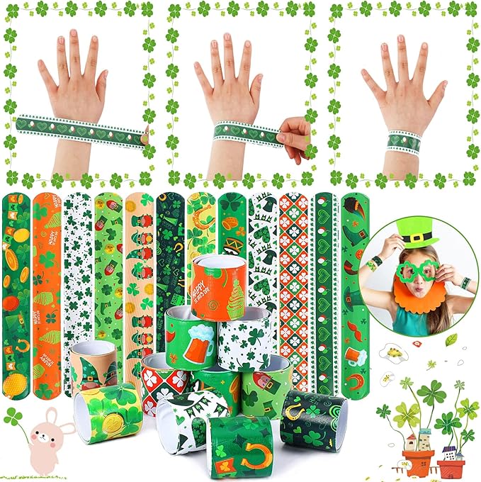 JUNEBRUSHS St. Patrick's Day Slap Bracelets, 56 Pack Saint Patricks Party Favors for Kids Shamrock Slap Bands Irish Clover Wristbands Snap Bracelets Bulk for Boys Girls Birthday Gifts Party Supplies