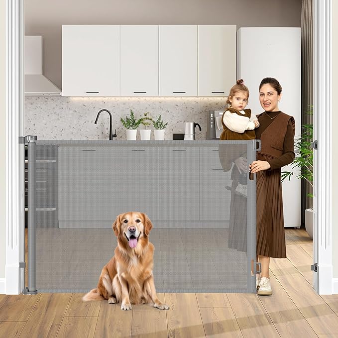 42" Tall X 80" Wide Retractable Dog Gates for Large Openings Extra Tall Retractable Baby Gates for Doorways Extra Tall Pet Gate Indoor Outdoor Long Baby Gate Large Mesh Dog Gate (Gray)