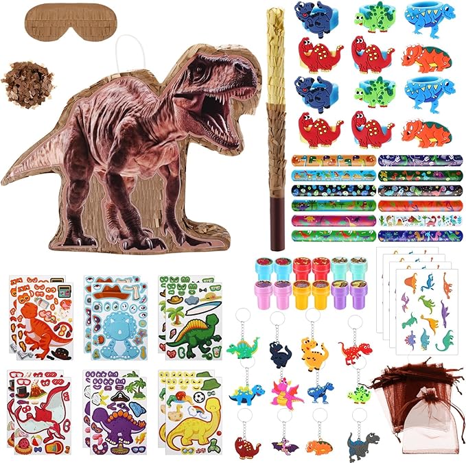 123 Pcs Dinosaur Piñata Set for Birthday Party 15 x 12 x 3'' Dinosaur Piñata with Blindfold Bat Confetti Slap Bracelet Keychain Stamps Sticker Rings Gift Bag for Kids Jungle Party Game Decor