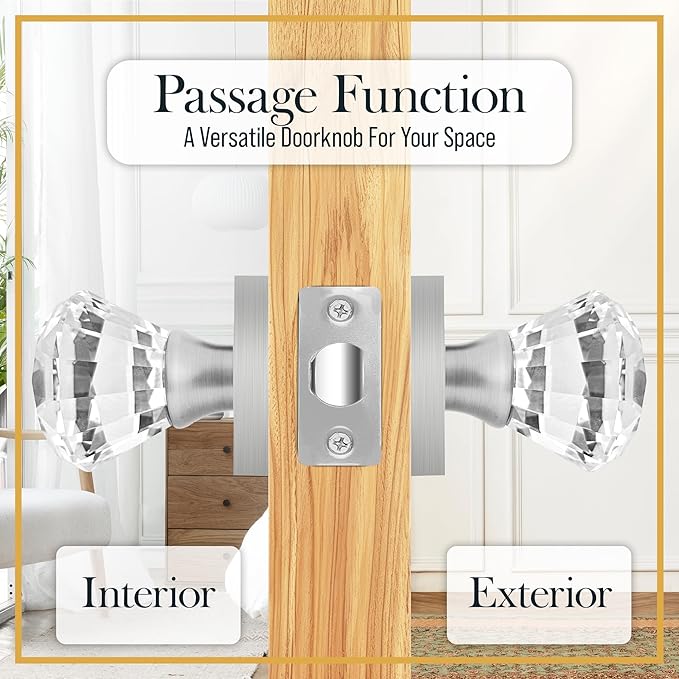 Silver Crystal Door Knob, Square Base, Glass Door Knobs Interior Non-Locking Set, Antique Decorative Vintage Style for Hallway, Closet, Passage Doors, 1 Pack